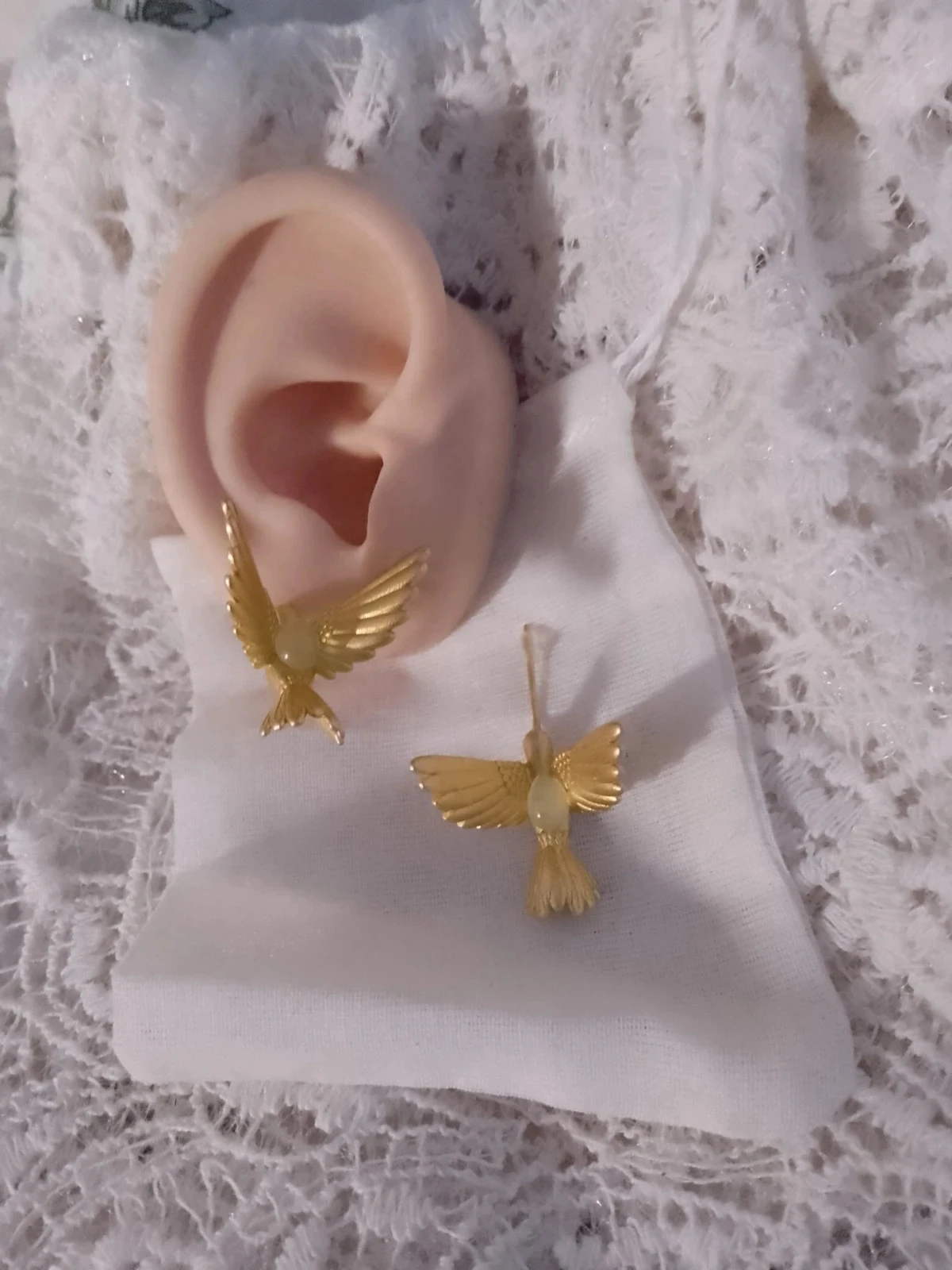 Golden bird earrings with chalcedony stones – photo 2